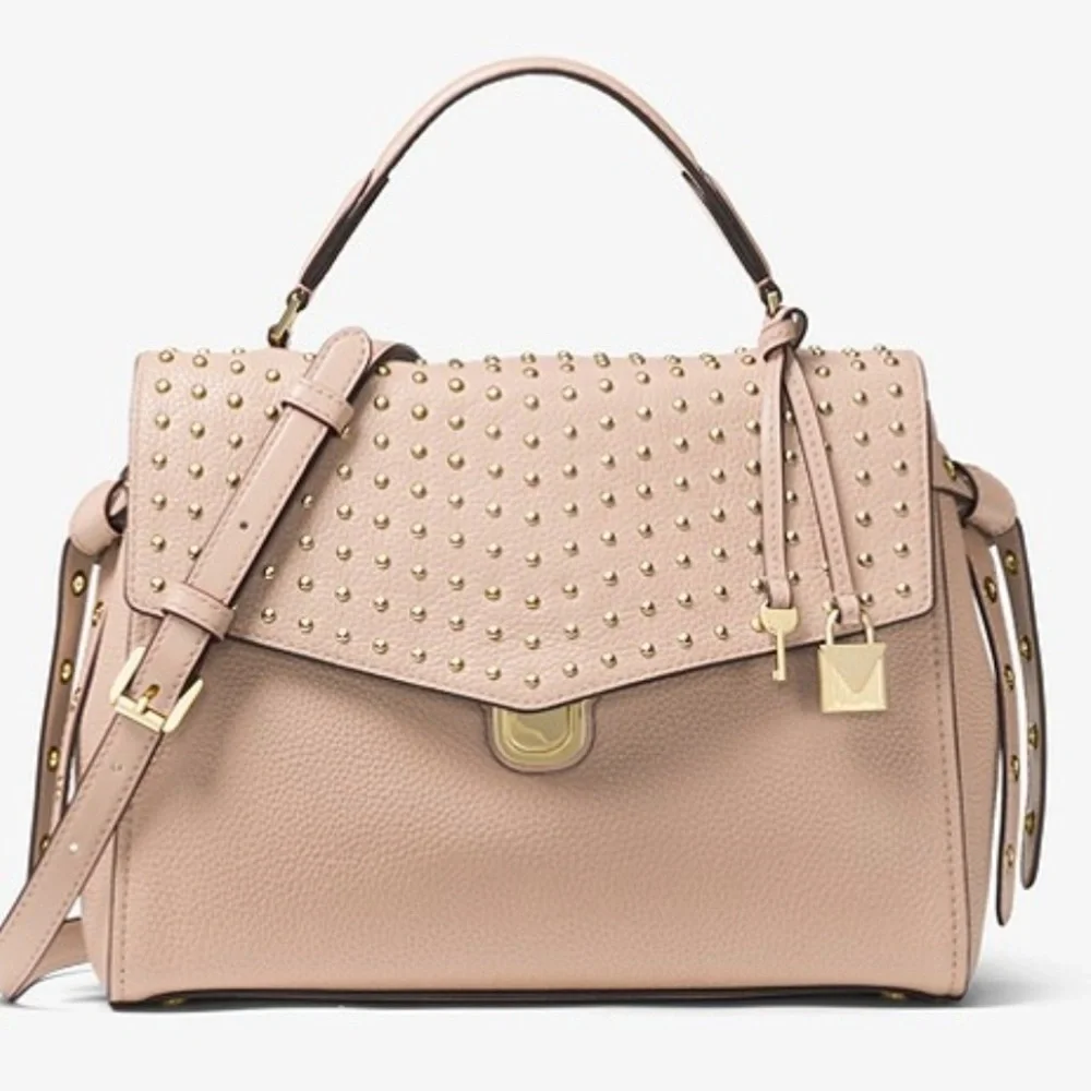 Michael Kors Bristol Studded Leather Satchel Crossbody Purse Shoulder Bag Pink - Picture 2 of 16